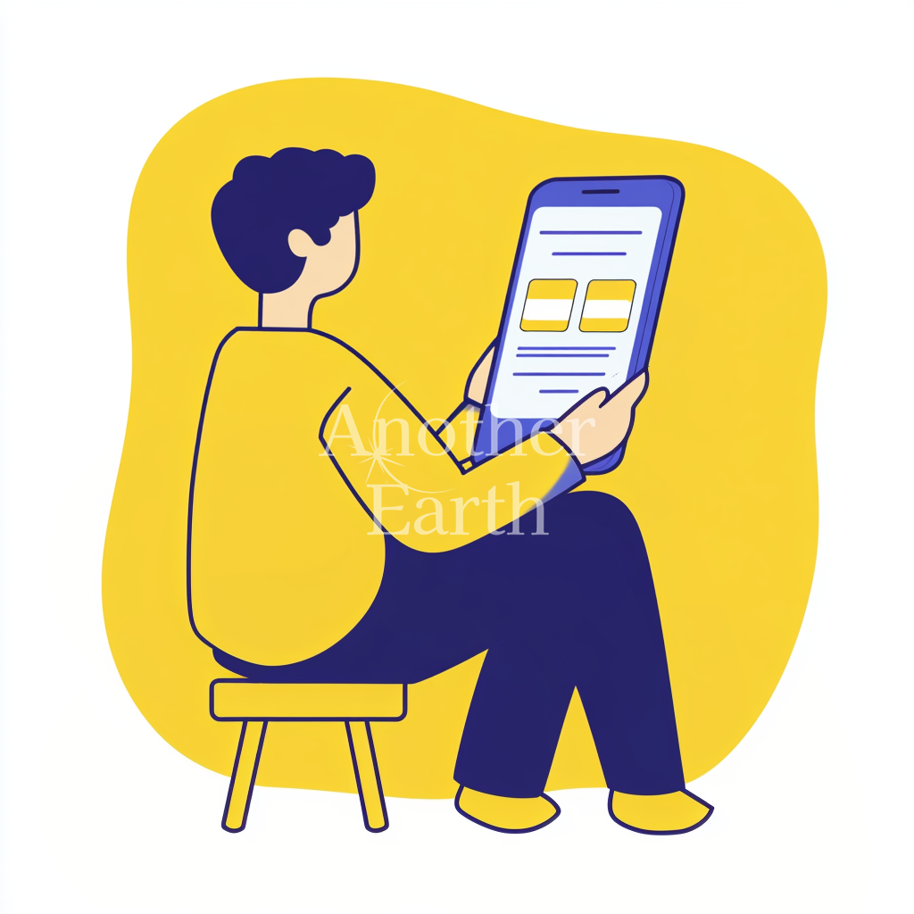 巨大タブレットで買い物をする男性