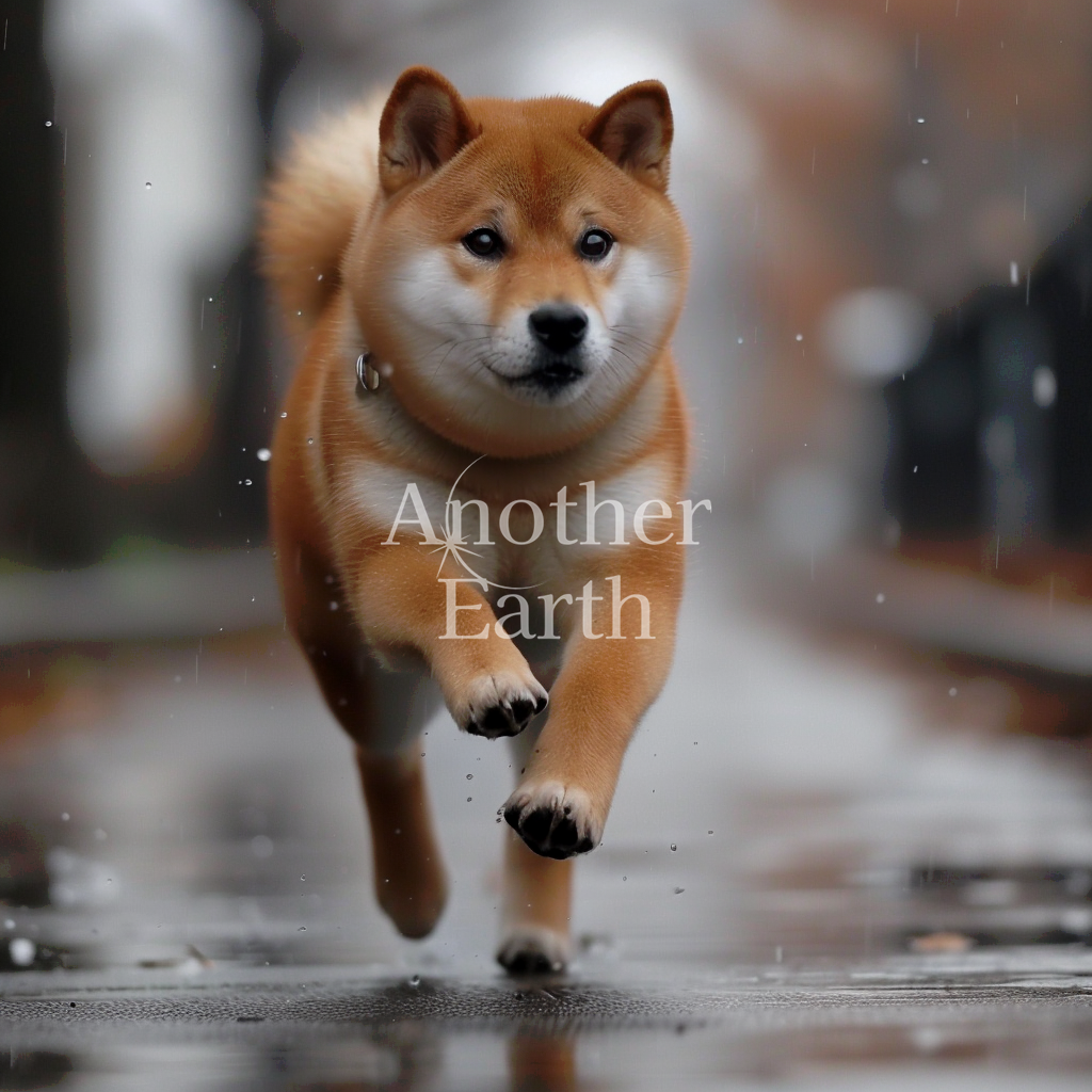 雨の中疾走する柴犬