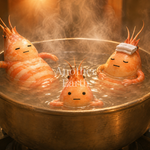 お湯に浸かるエビ