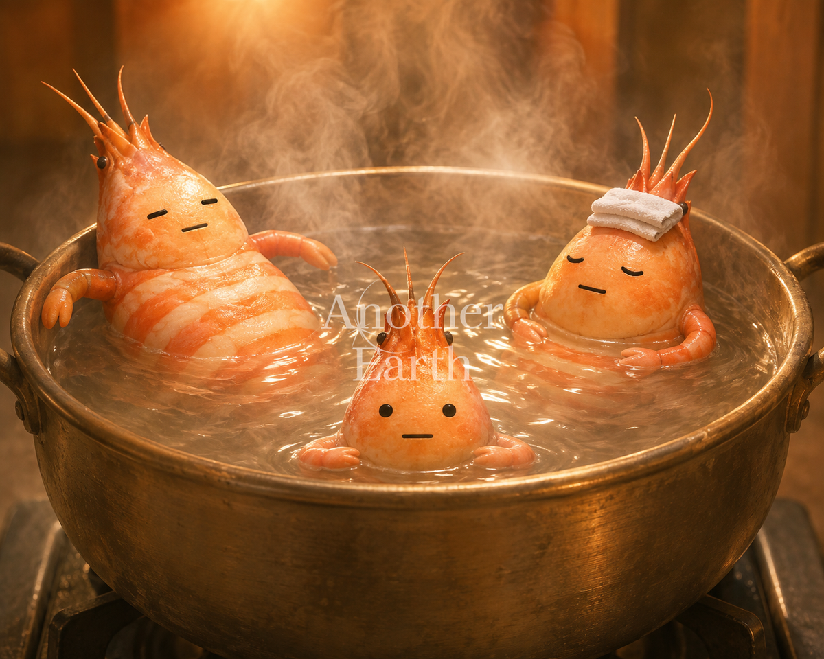 お湯に浸かるエビ
