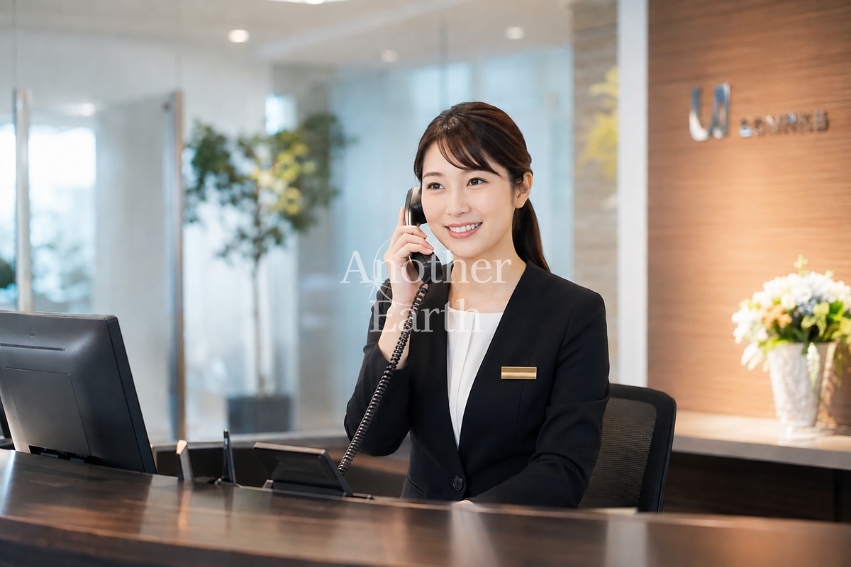 電話をする受付女性