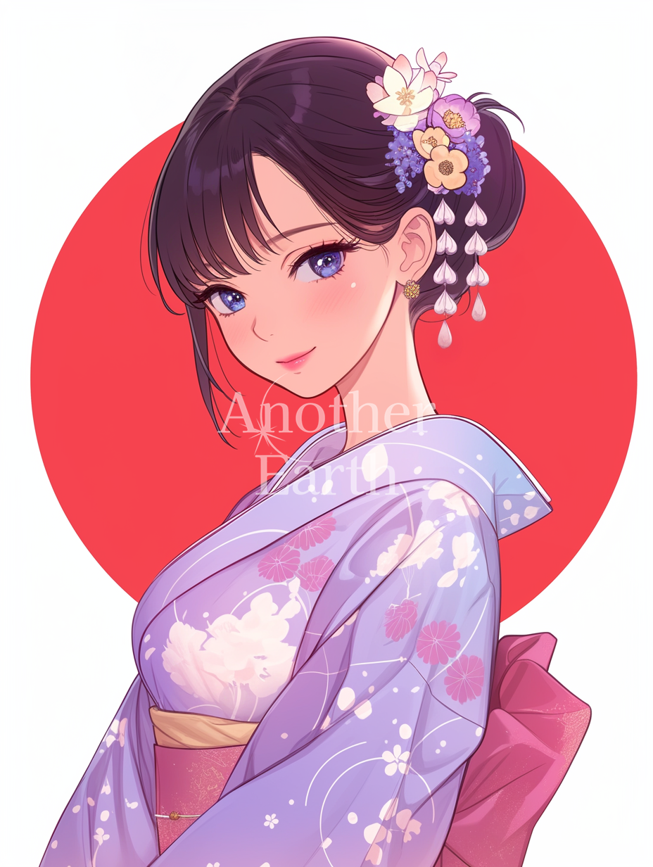 着物を着た女性のアニメスタイル