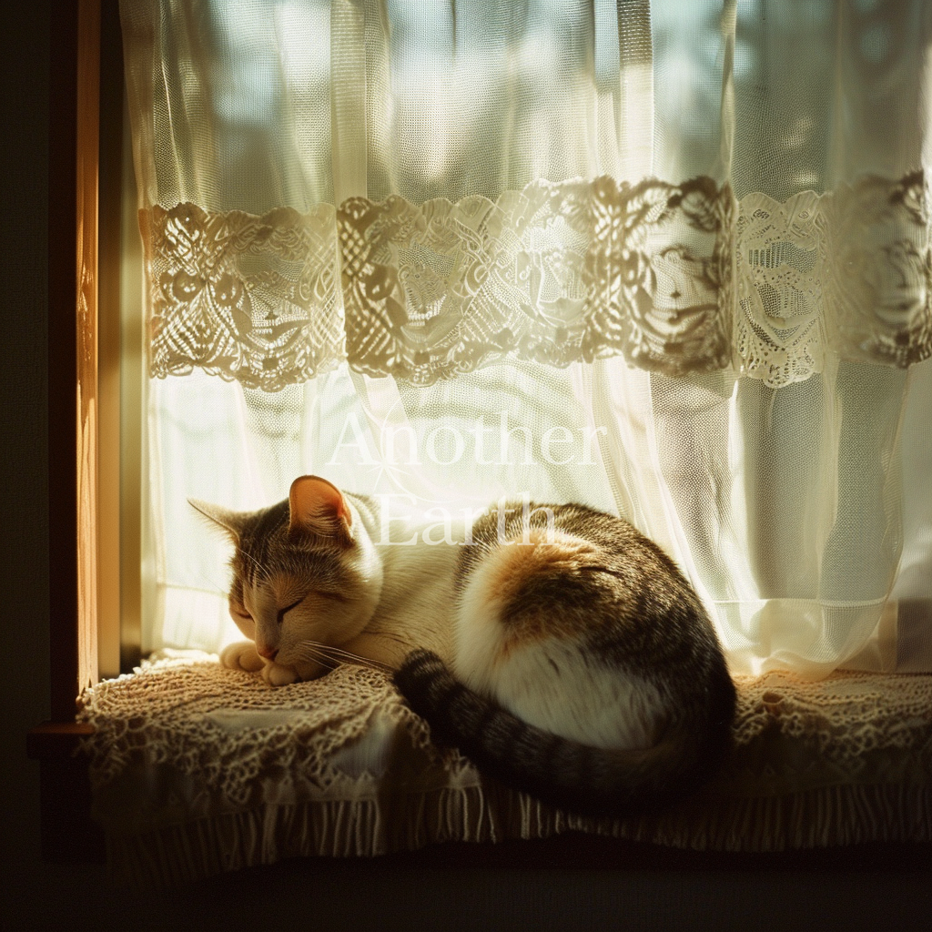 窓際で日差しを浴びるネコ