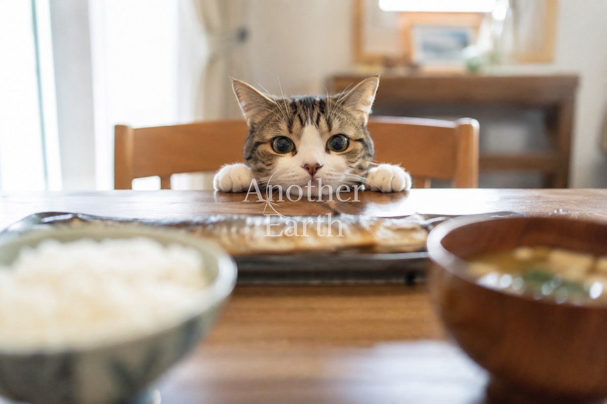 食卓から覗く猫