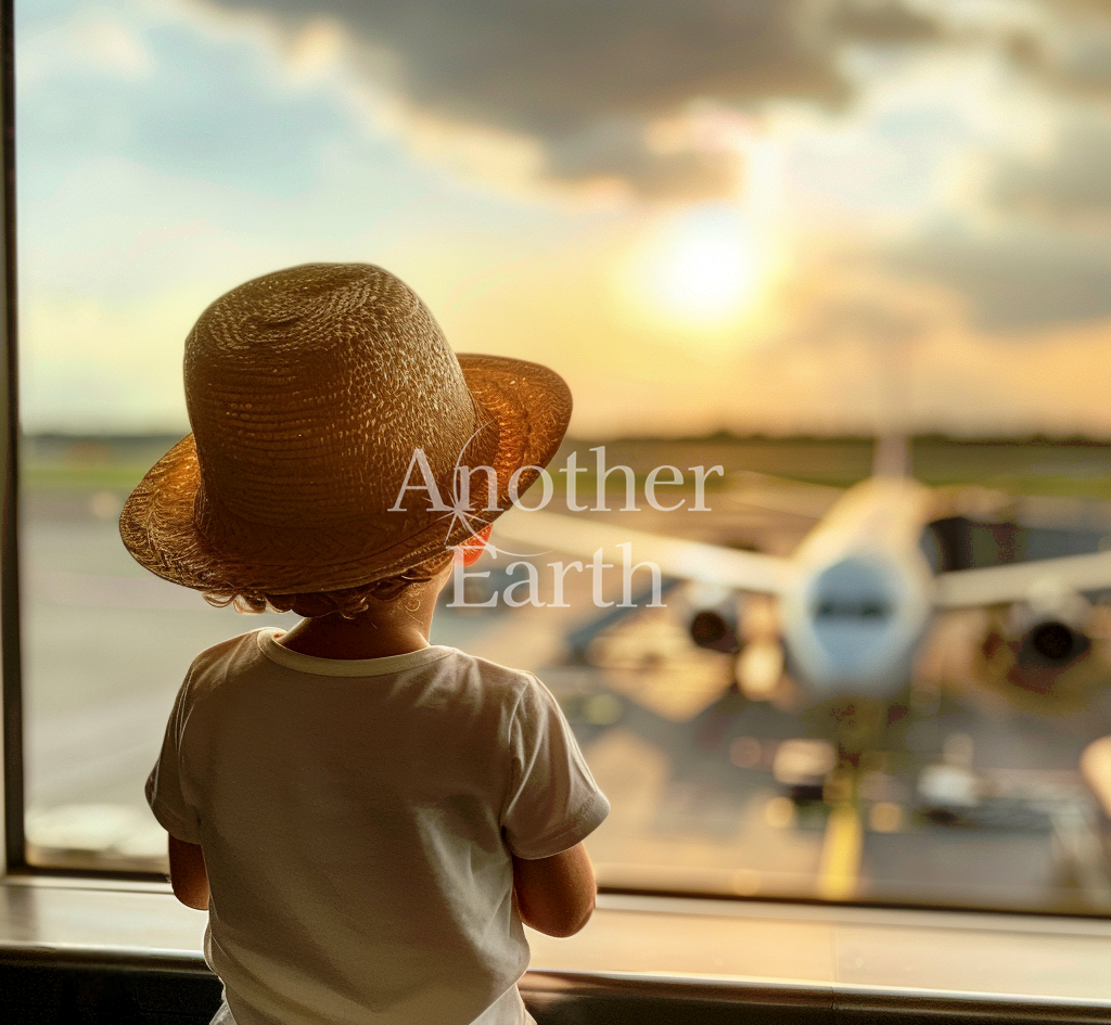 飛行機を見つめる少年