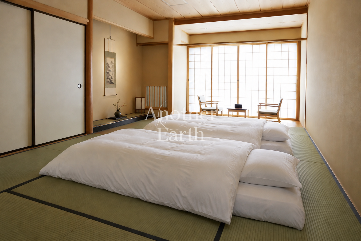 布団が敷かれた旅館の畳部屋